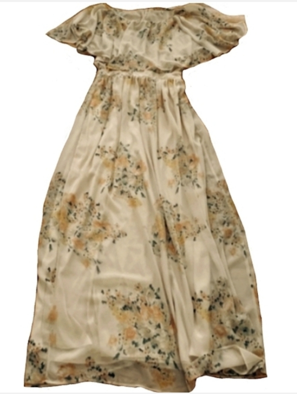 Long 70s 80s Retro Hippie Gown Floral Flowy Maxi Dress Cream Pink Flower Child